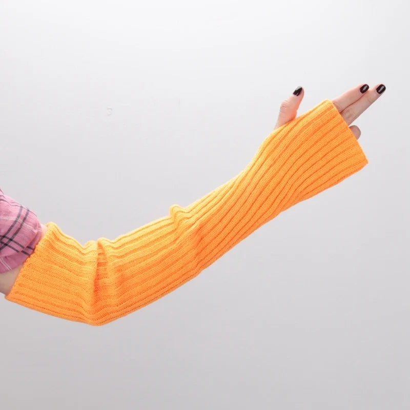 Women Long Fingerless Gloves Lolita Kawaii Knit Arm Warmers Fingerless Arm Warmers Qme Orange length-52cm