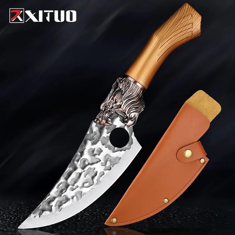 XITUO Handmade Forged Butcher Cleaver – Anti-Stick Carbon Steel Butcher Cleaver Knife Qst