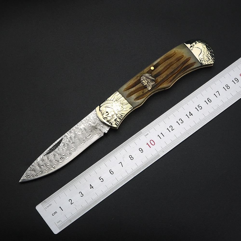 VG-10 Damascus Folding Knife – Cow Bone Handle Pocket Knife Folding Pocket Knife Qst