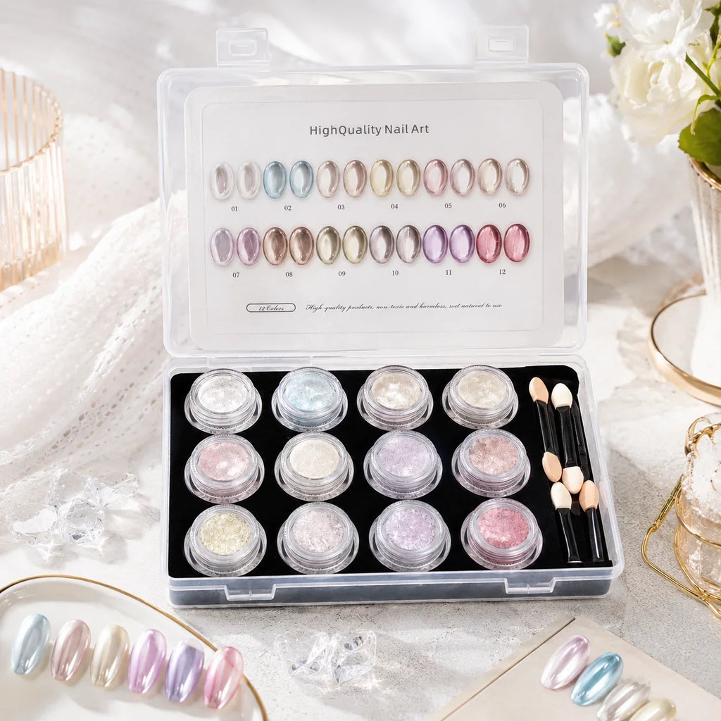 Aurora Chrome Nail Powder 12 Colors Mirror Pearl Pigment Kit Chrome Nail Pigment Kit Qme