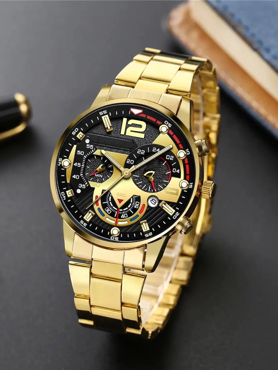 Men's Quartz Watch & Lion Head Bracelet Set | Metal Strap Watch & Bracelet Set Qme