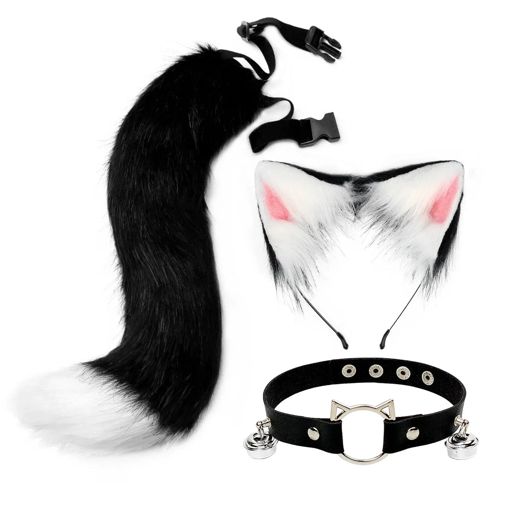 Handmade Cat Ear Headband & Fox Tail Cosplay Set | Anime Cosplay Accessory Set Qme black