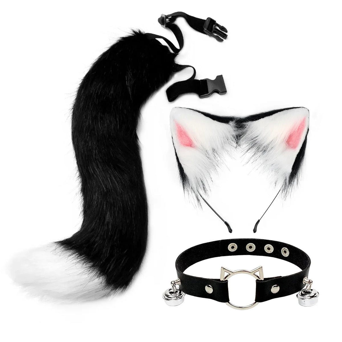 Handmade Cat Ear Headband & Fox Tail Cosplay Set | Anime Cosplay Accessory Set Qme black