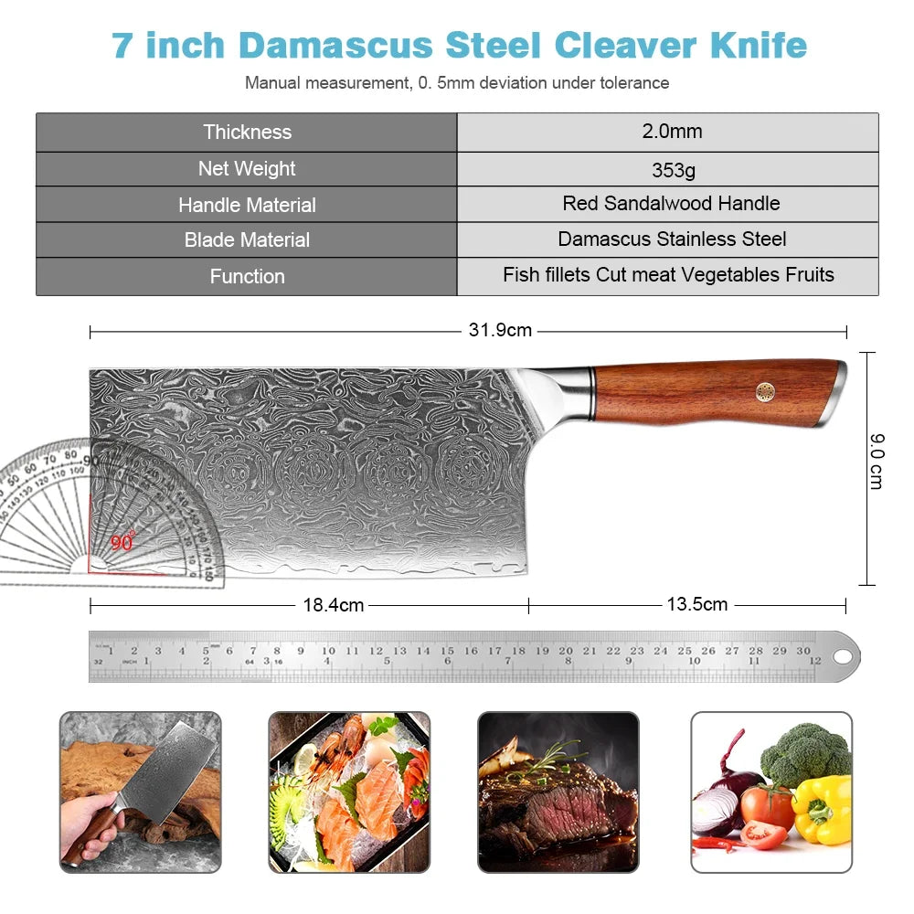 Xituo 7.5" Damascus Steel Cleaver Knife – Rosewood Handle Damascus Cleaver Knife Qst