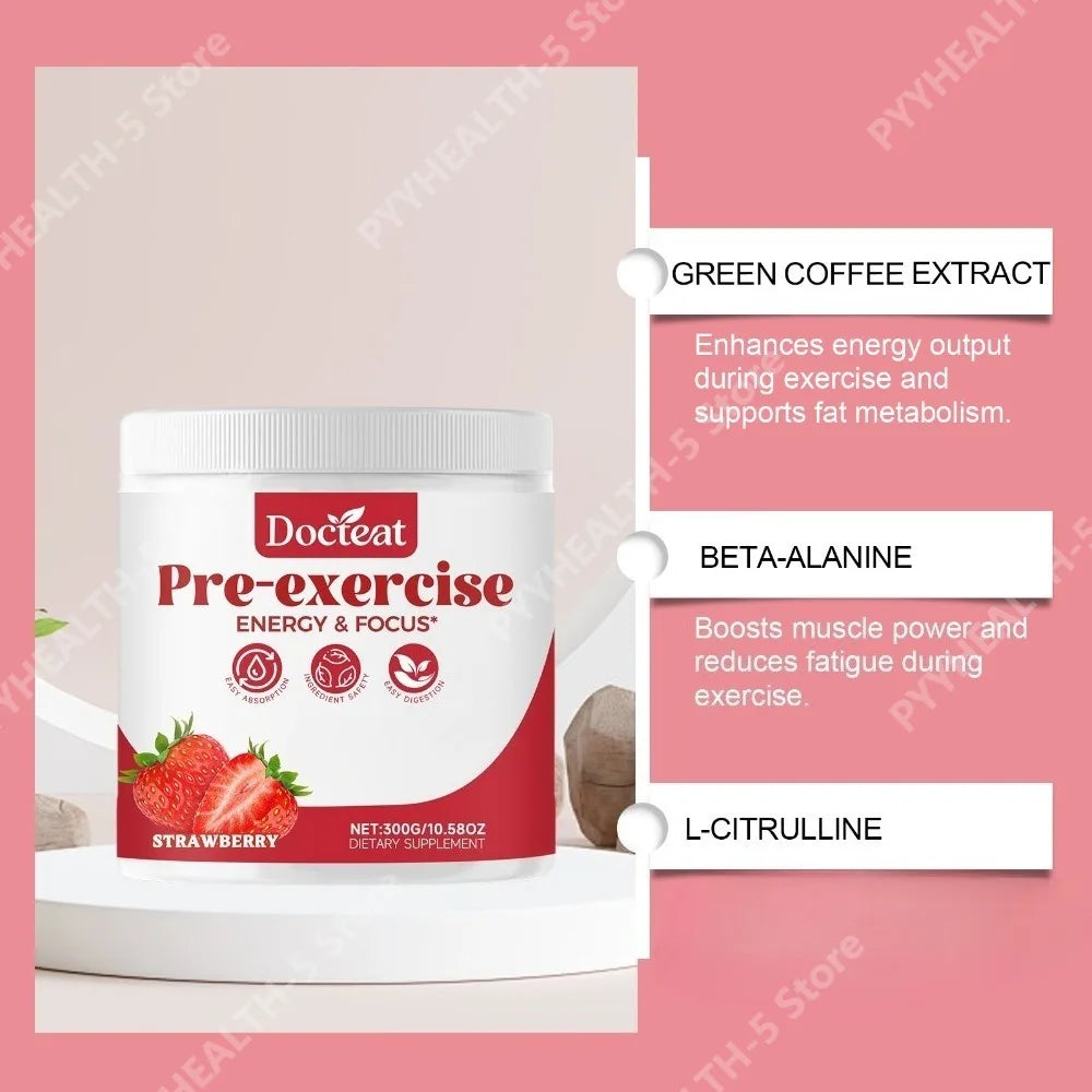 Docteat Pre-Workout Powder Strawberry 300g | 30 Servings Pre-Workout Supplement Qst