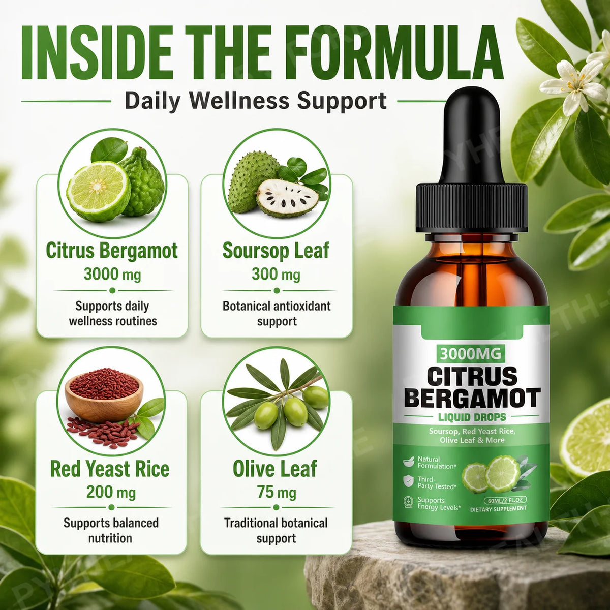 Citrus Bergamot Liquid Drops 3000mg 2-Pack | Heart Wellness Wellness Liquid Supplement Qst
