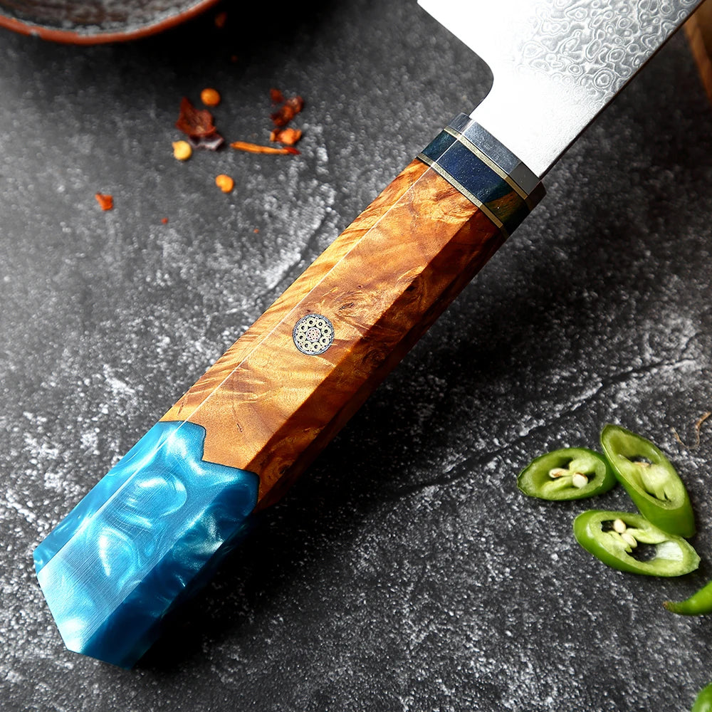 XITUO Damascus Steel Chef Knife Set – Sea Blue Resin Handle Chef Knife Set Qst