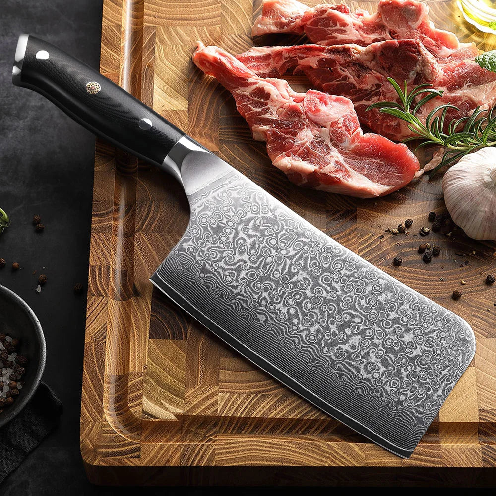 DASHWAY 6.5" Damascus Steel Bone Chopper Knife – G10 Handle Damascus Kitchen Knife Qst