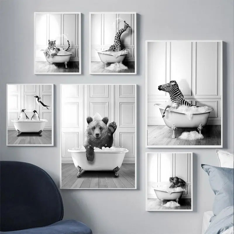 Nordic Animal Canvas Wall Art – Black & White Bathroom Poster Canvas Wall Art Qst