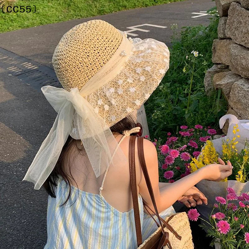 Lace Bow Foldable Straw Sun Hat – Women's Wide Brim Beach Hat Women's Straw Hat Qst