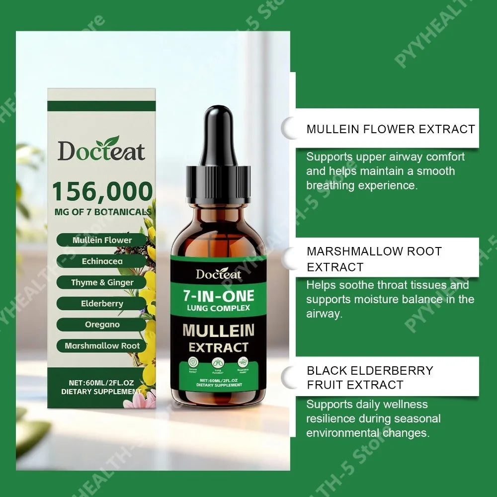 Docteat 7-in-1 Lung Complex Drops – Mullein & Elderberry 60ml Herbal Liquid Supplement Qst