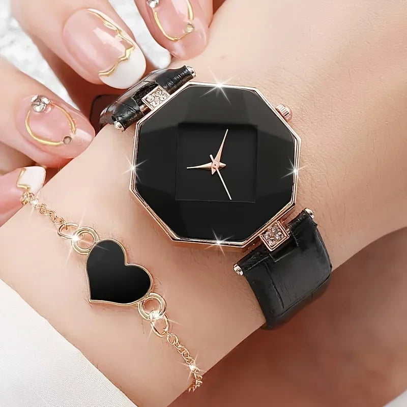 Women's Polygon Quartz Watch PU Leather Heart Bracelet Bracelet Watch Qme