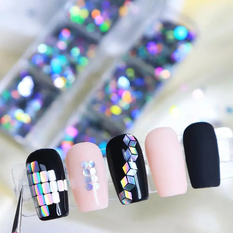 Flash Geometric Nail Glitter – 6-Grid DIY Nail Art Charm Set Nail Art Glitter Qst