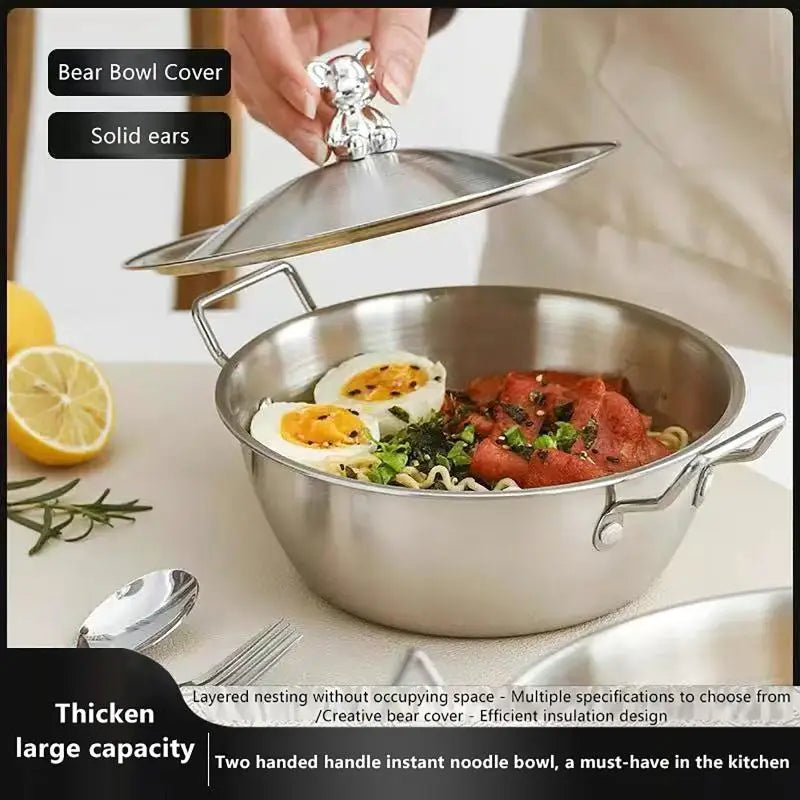 Korean Stainless Steel Rice Bowl – Double Handle, Smooth Edge Stainless Steel Bowl Qst