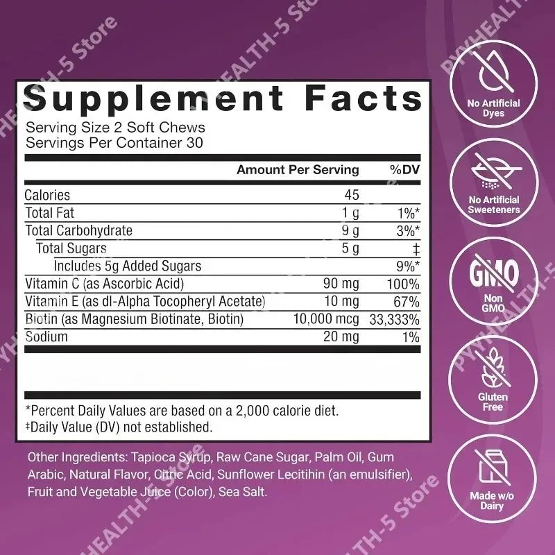 Biotin Soft Chews Vitamins C & E – Hair Skin Nails, 60ct Beauty Supplement Chews Qst