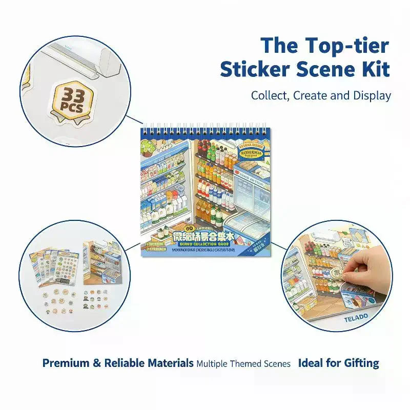 Miniature Scene Sticker Book – 10 Shop Themes, Non-Bleed Ink Kids Sticker Book Qme