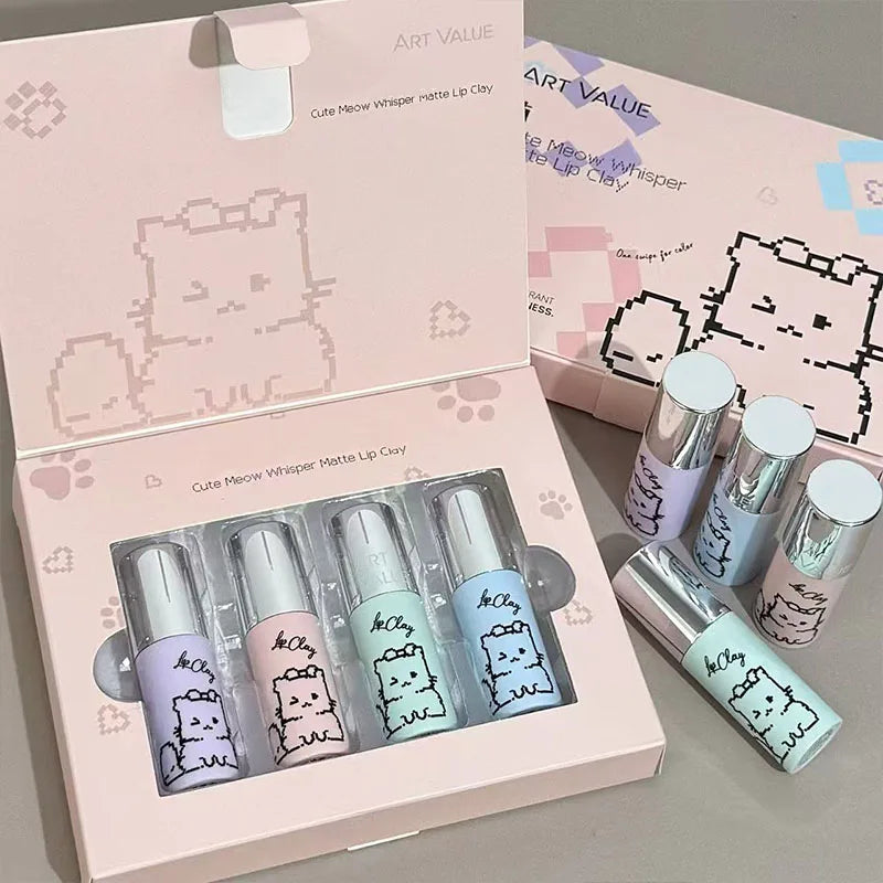 Kawaii Cat Velvet Nude Matte Lipstick Set – 4 Pcs Silky Matte Lipstick Set Qme
