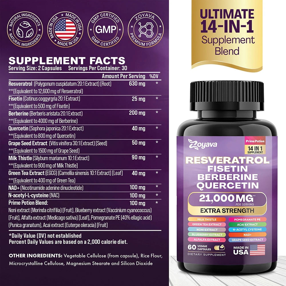 ZENVITALIZE 14-in-1 Resveratrol Supplement – 120 Capsules Herbal Supplement Qst 60 count-1 bottle