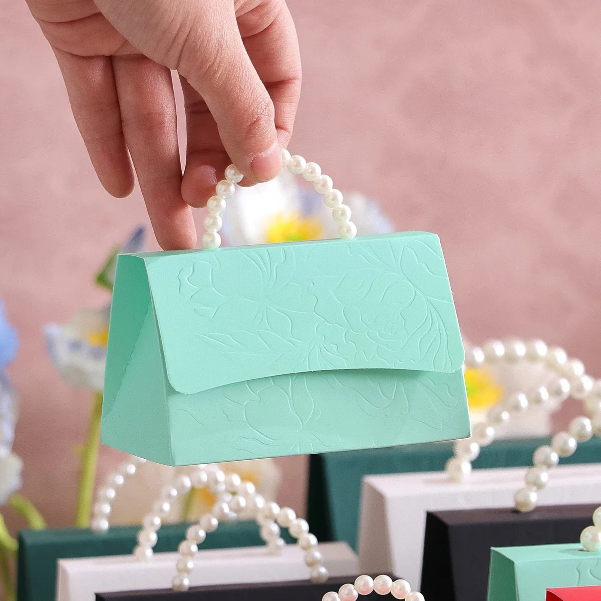 5 Wedding Mini Gift Boxes – Letterpress Floral & Pearl Handles Wedding Gift Boxes Qme