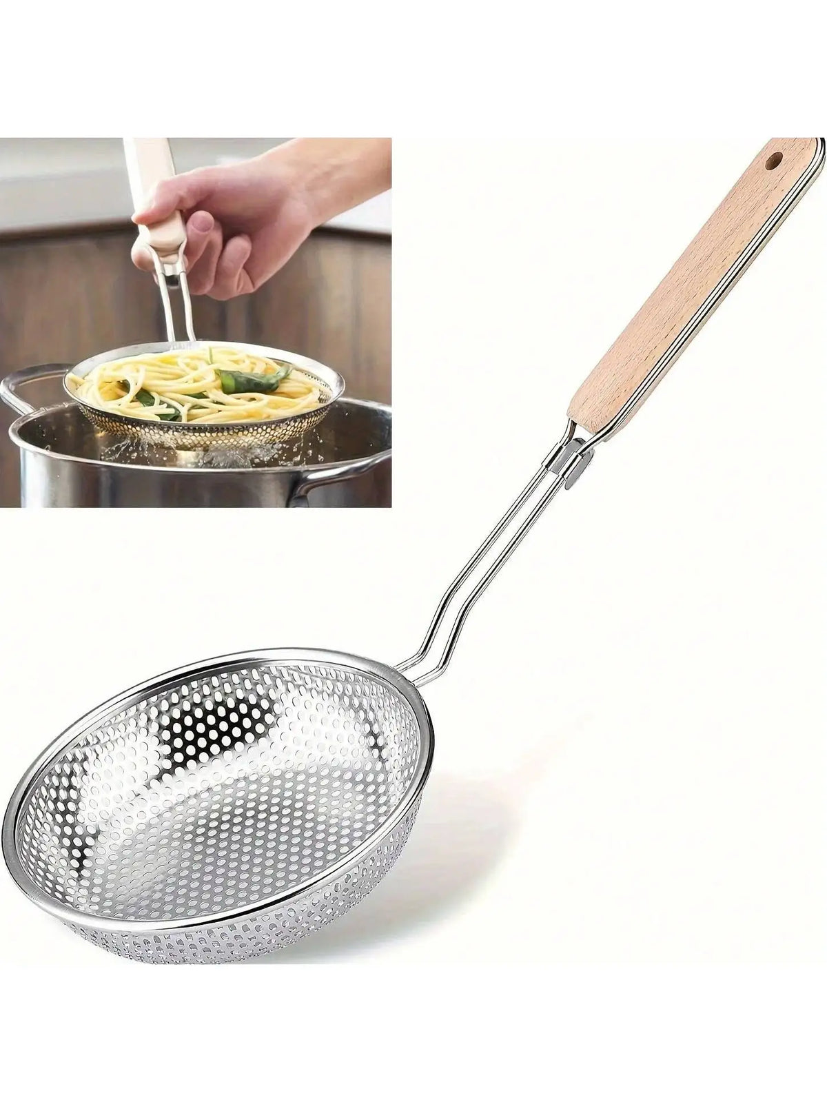 Stainless Steel Fine Mesh Skimmer Spoon – Wooden Handle Mesh Skimmer Spoon Qme
