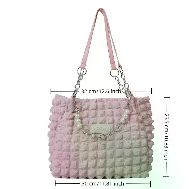 Bubble Textured Tote Bag with Pearl Chain – Large Capacity Tote Bag Qme