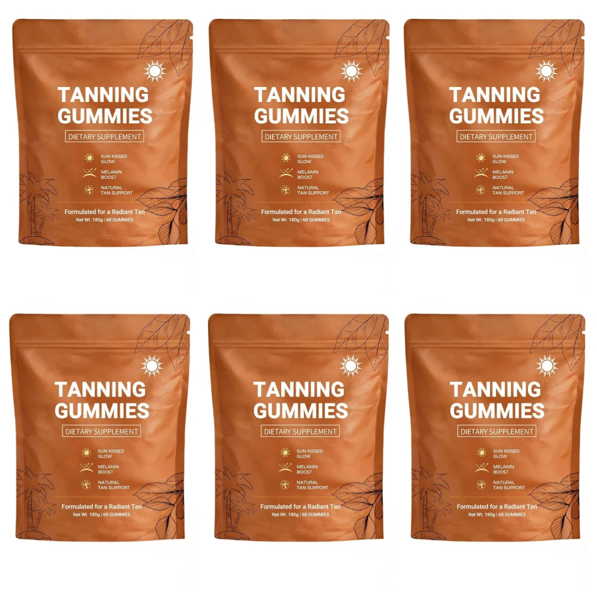 Tanning Gummies – Sunless Bronzing Glow, Vegan, Sugar-Free Tanning Supplement Qst 60 Gummies 6 bags