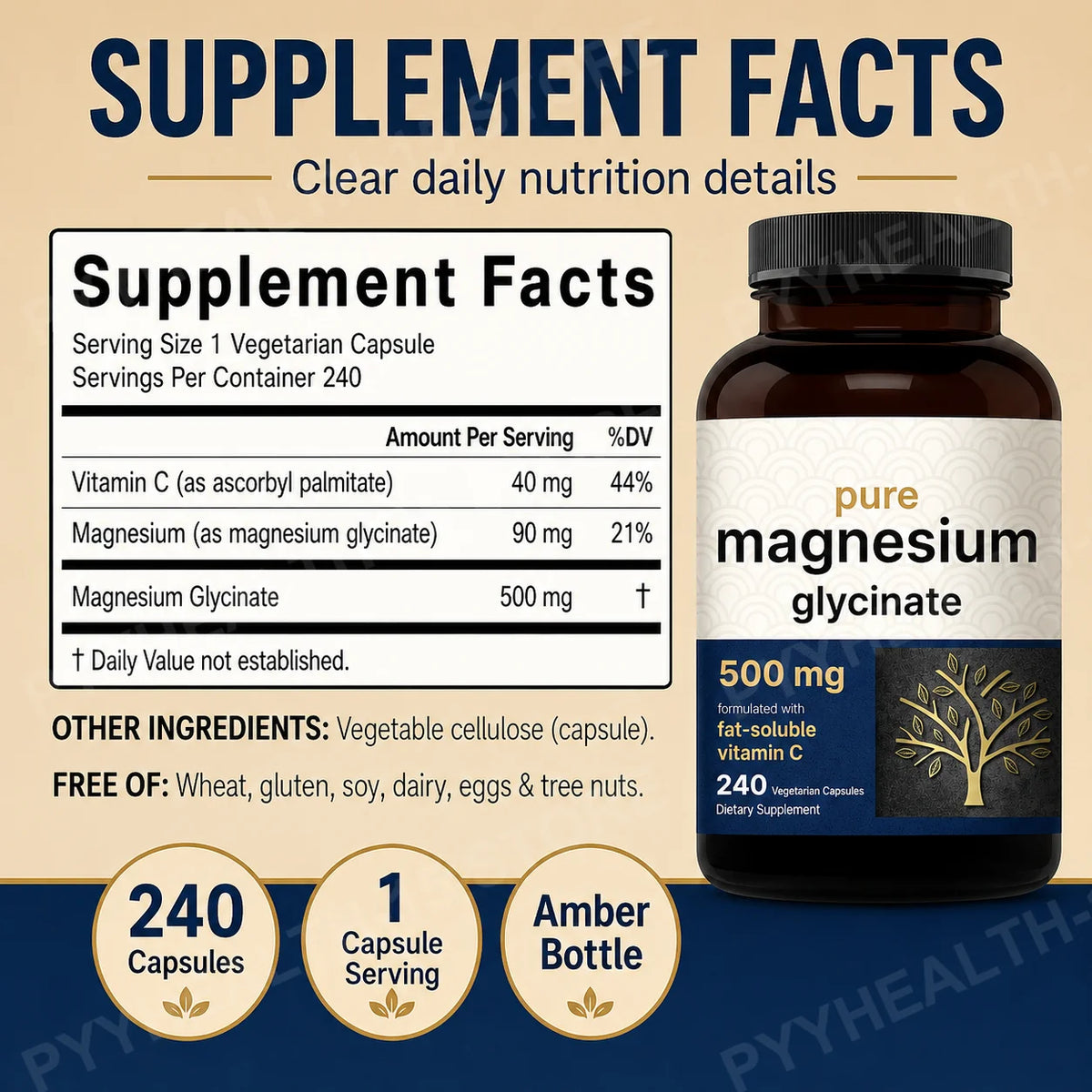 Magnesium Glycinate 500mg Veggie Capsules + Vitamin C, 240 Count Mineral Supplement Qst