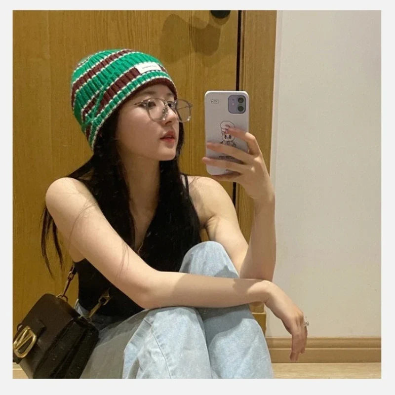 Striped Knit Beanie Hat – Warm Acrylic, 10 Colors Knit Beanie Hat Qme