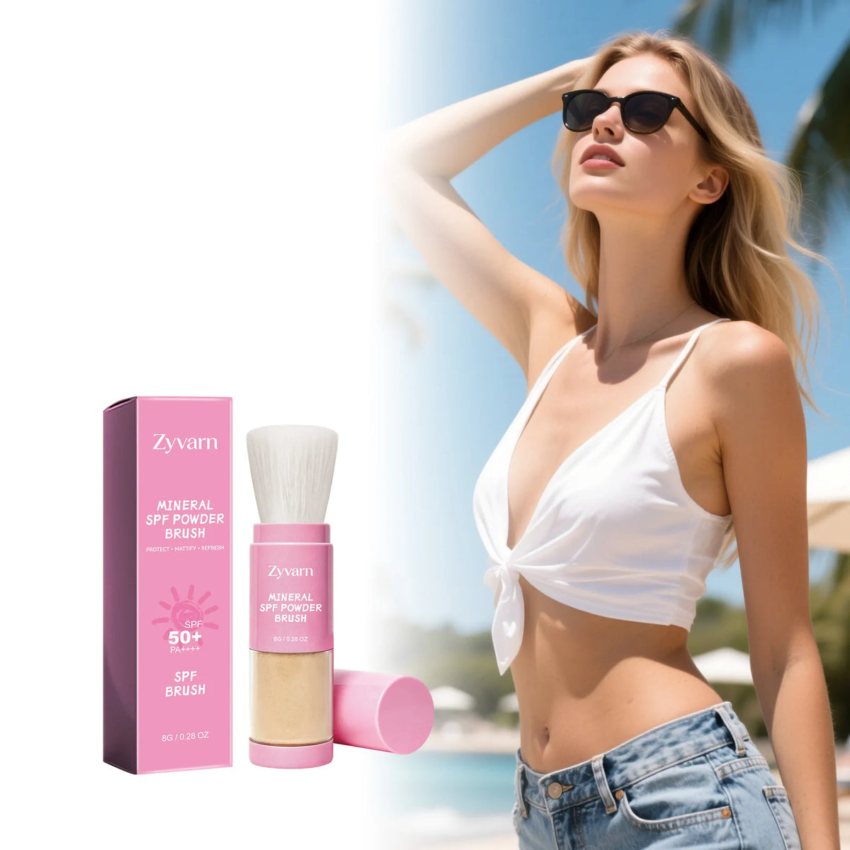 Zyvarn SPF50+ Mineral Sunscreen Powder Brush – Matte Finish Mineral Sunscreen Powder Qst