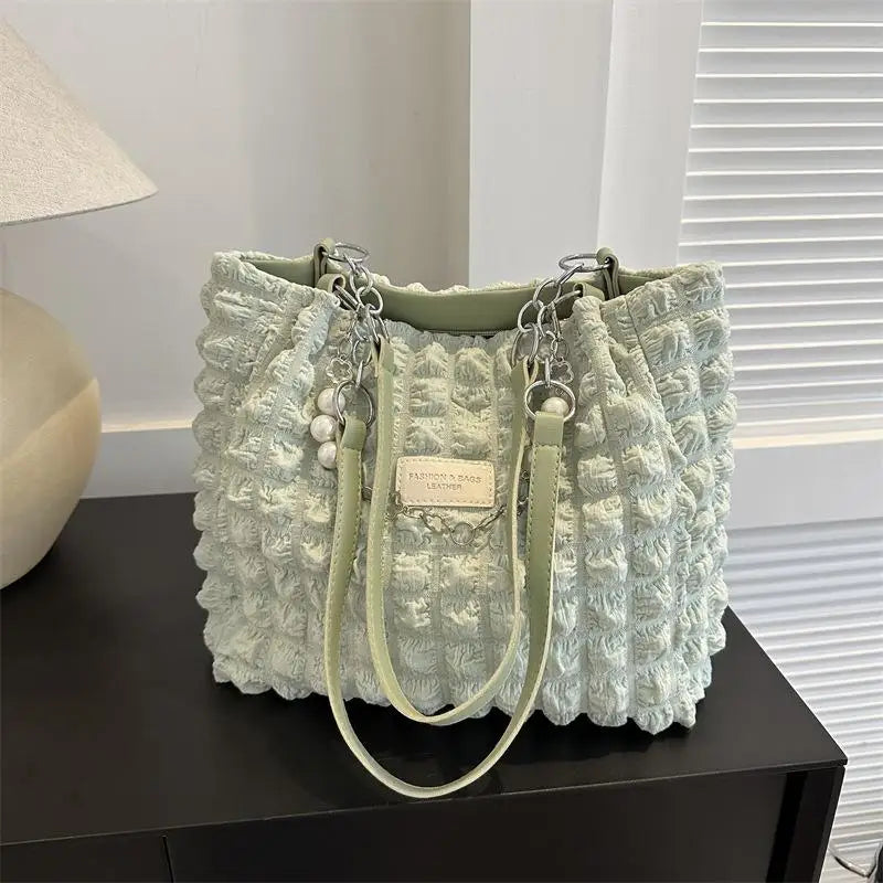 Bubble Textured Tote Bag with Pearl Chain – Large Capacity Tote Bag Qme Green