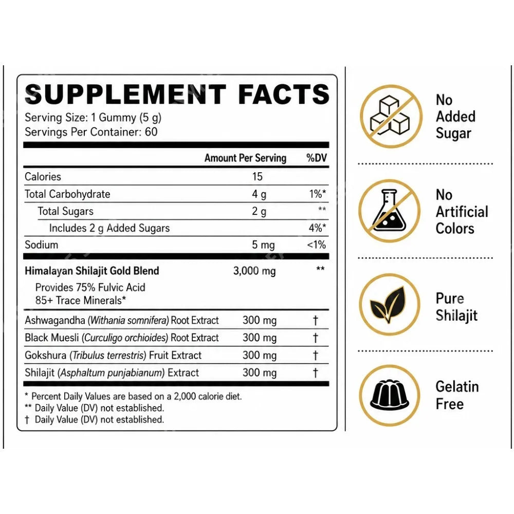 Pure Himalayan Shilajit Gummies 3000mg – 85+ Minerals, 60ct Wellness Supplement Gummies Qst