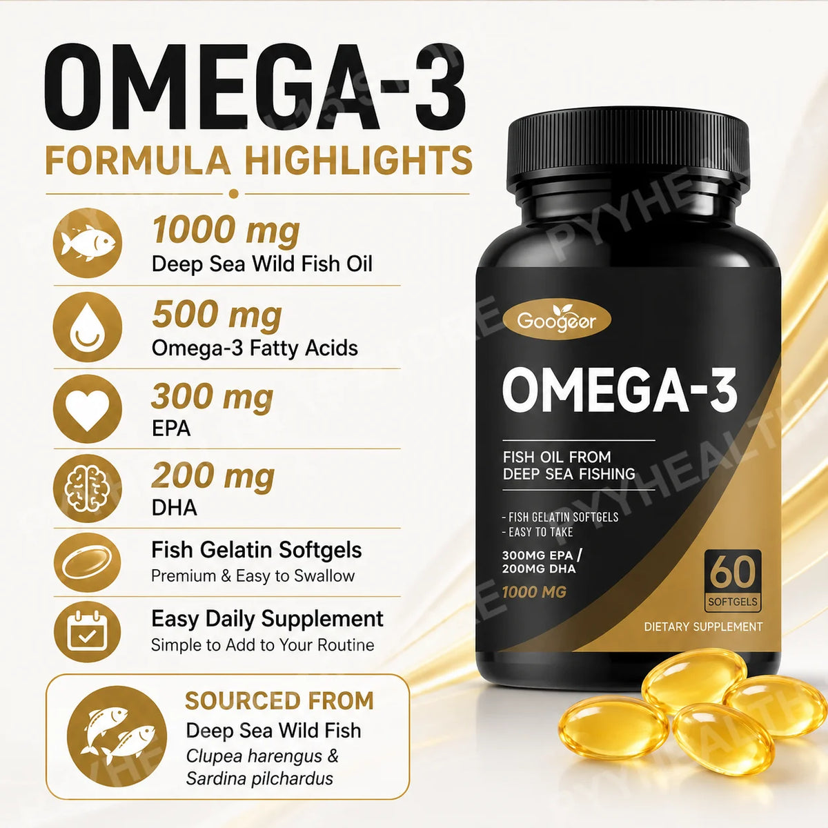 Googeer Omega-3 Fish Oil Softgels EPA 300mg DHA 200mg 60ct Fish Oil Supplement Qst