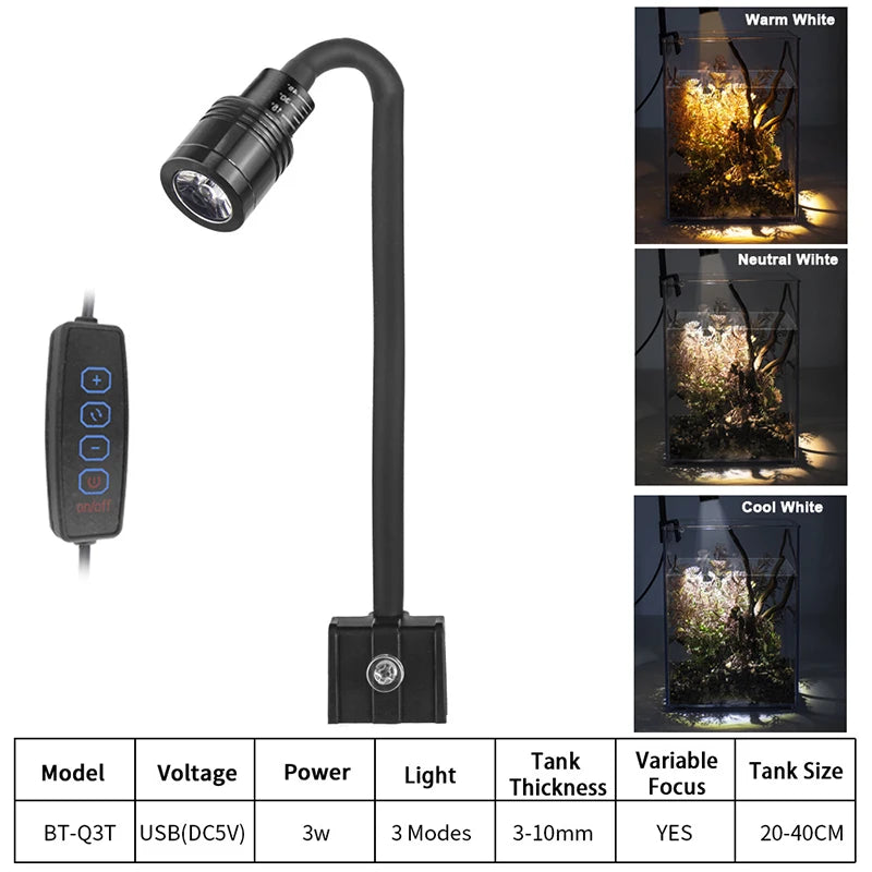 USB Clip-On Aquarium LED Light 3W – Waterproof Fish Tank Grow Lamp Aquarium LED Light Qst Adjustable focus UK Plug