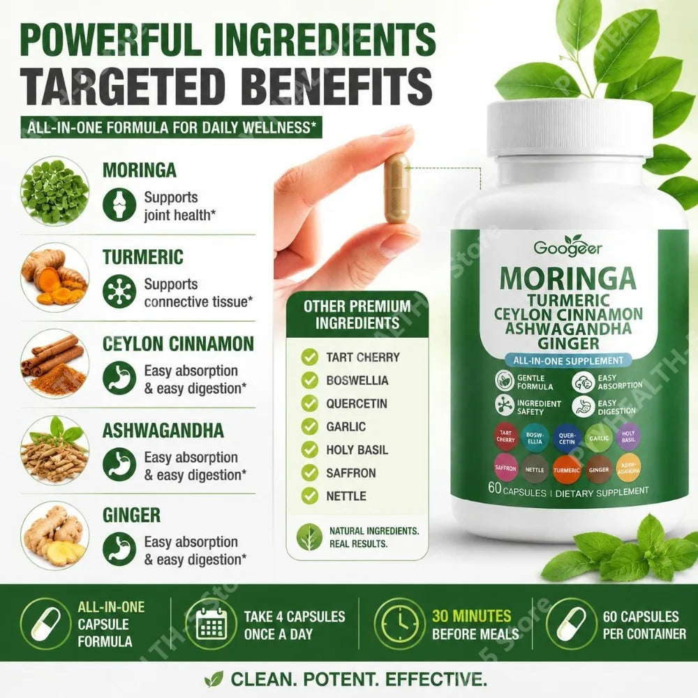 Googeer Moringa Turmeric Capsules w/ Ashwagandha & Ginger 60ct Herbal Supplement Qst