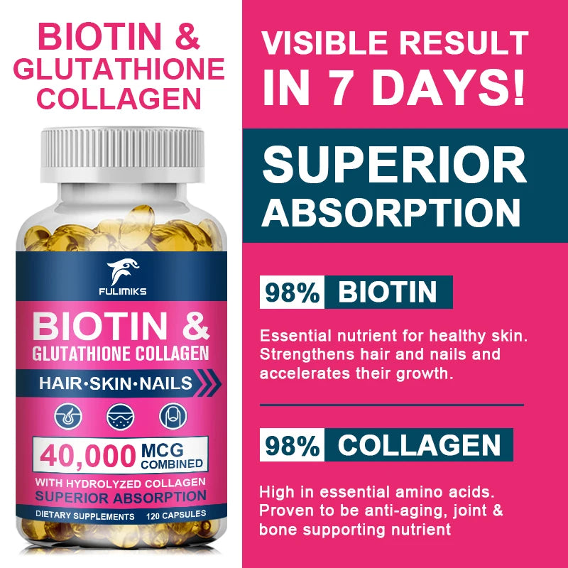 Biotin 5000mcg + Collagen & Glutathione Capsules – 120ct Beauty Supplement Capsules Qst