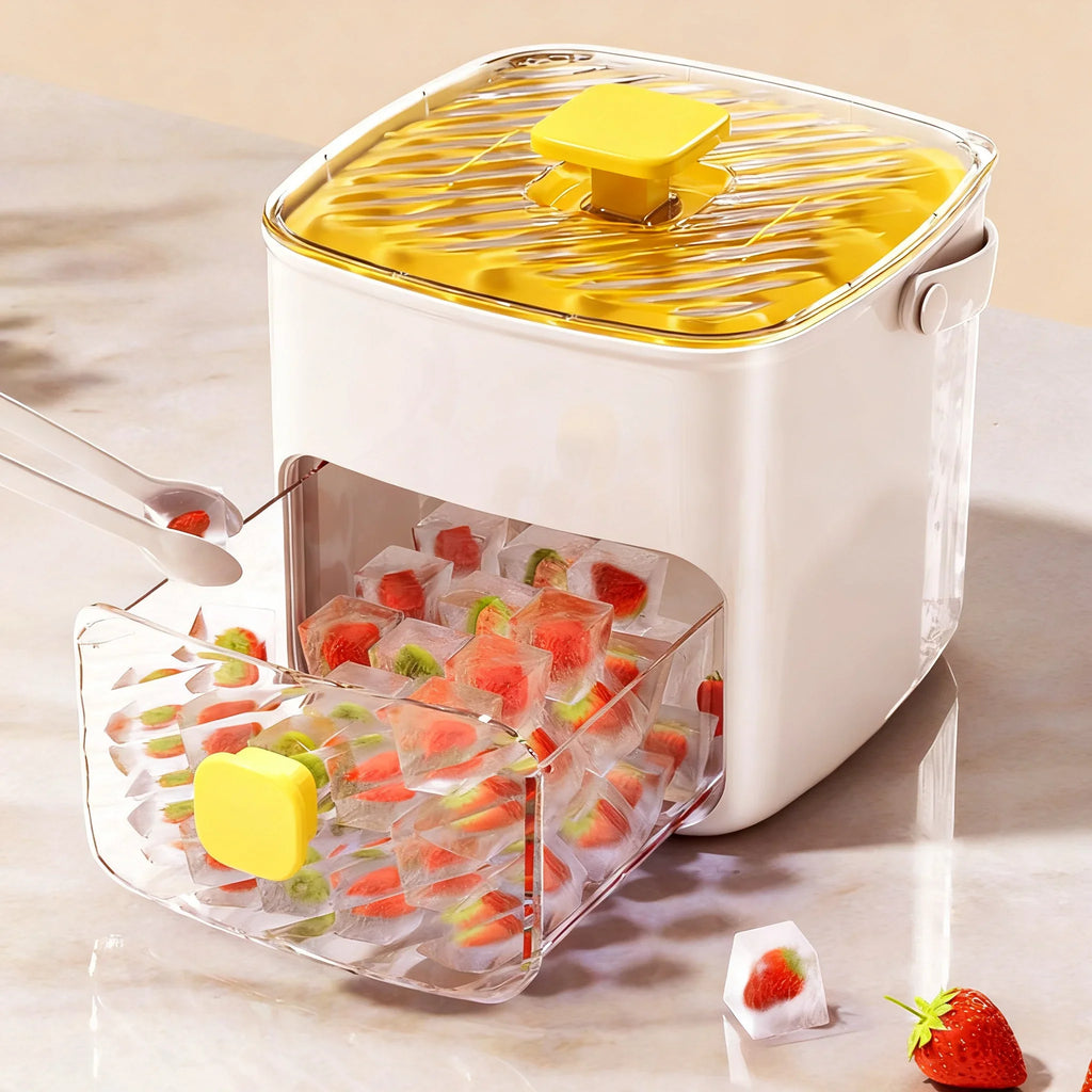 Ice Cube Tray with Lid, Bin & Tongs – 48-Cube Easy Release Ice Cube Tray Set Qme