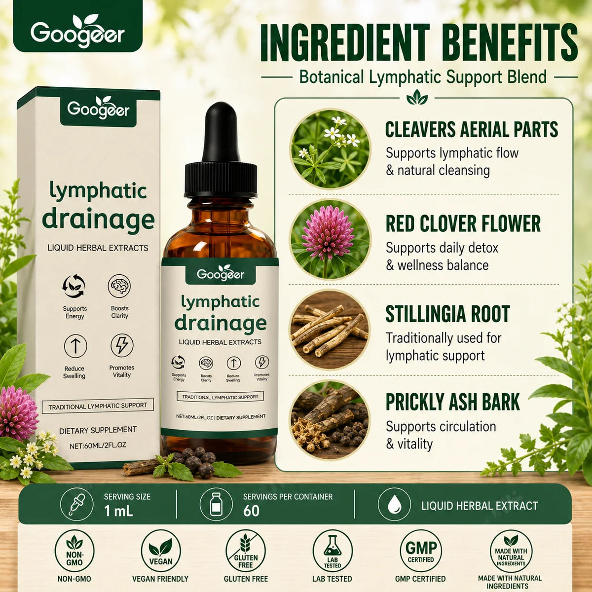 Googeer Lymphatic Support Drops – Cleavers & Red Clover 60ml Herbal Wellness Drops Qst