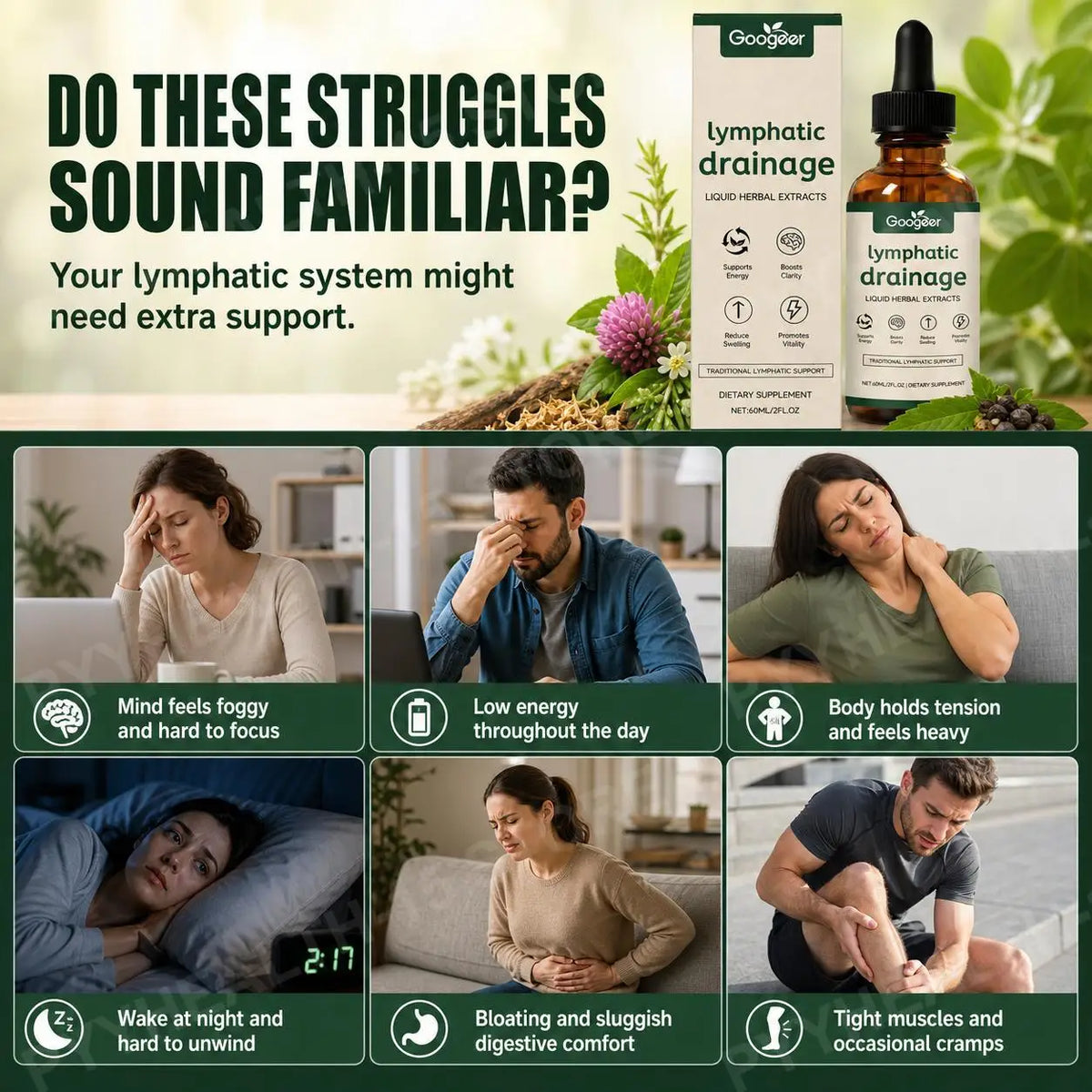 Googeer Lymphatic Support Drops – Cleavers & Red Clover 60ml Herbal Wellness Drops Qst
