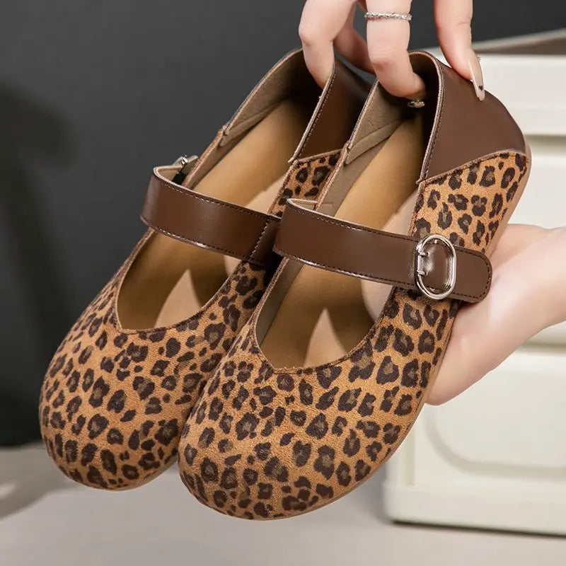 Women's Leopard Print Mary Jane Flats | Buckle Strap Loafers Mary Jane Flats Qst Leopard 36