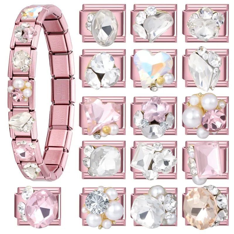 Zircon Flower Heart Bow Pink DIY Charm Bracelet | Stainless Steel DIY Charm Bracelet Qme