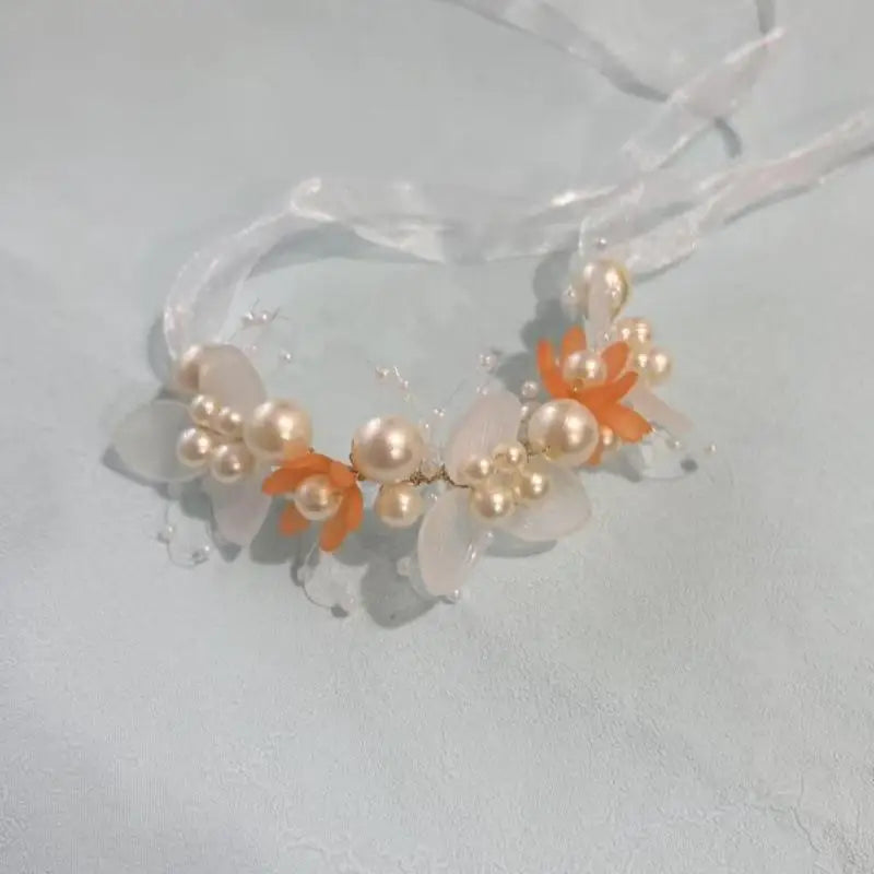 Girls Pearl Flower Wreath Headband | Wedding Hair Hoop Pearl Flower Headband Qst 6CM orange