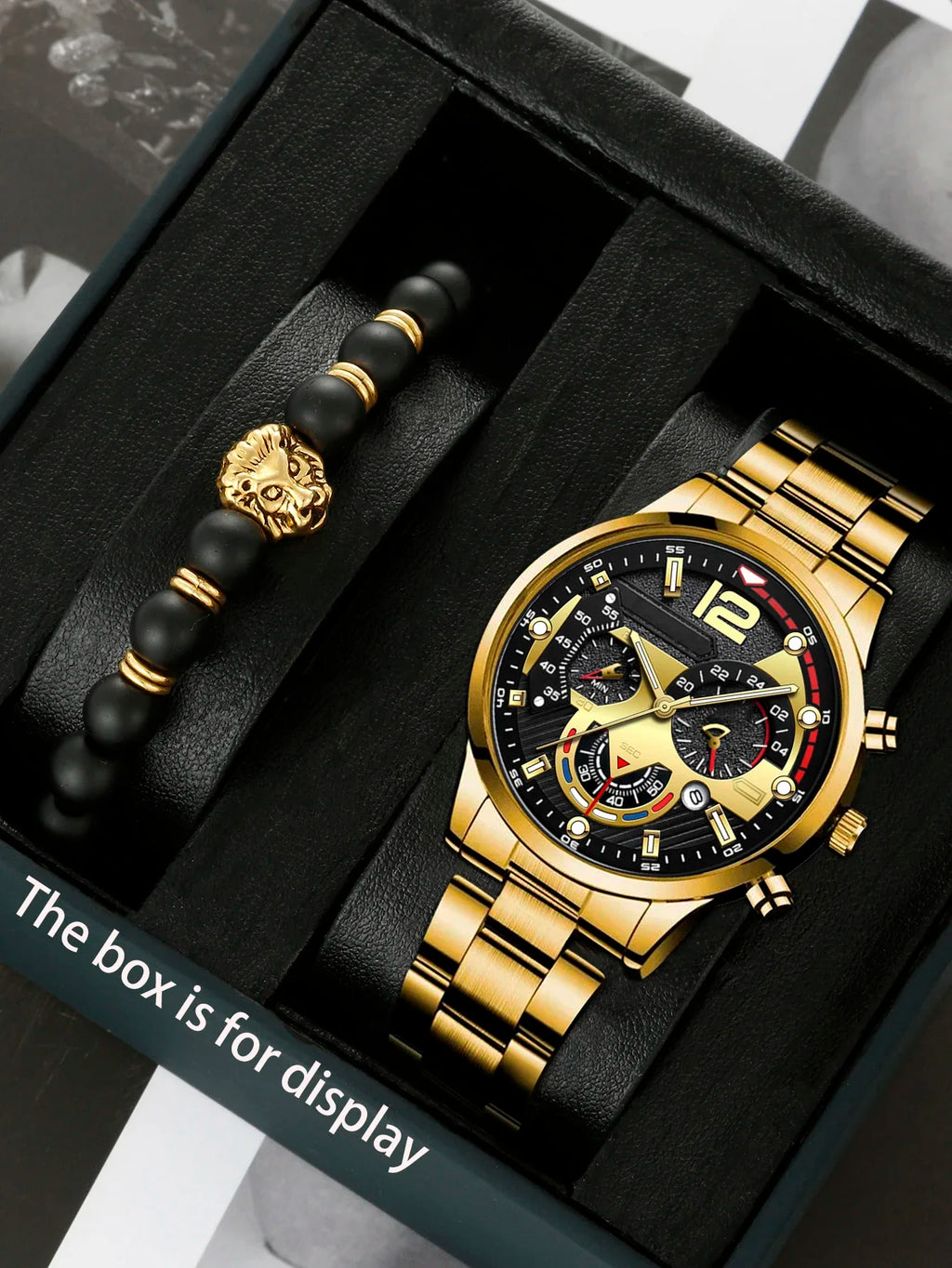 Men's Quartz Watch & Lion Head Bracelet Set | Metal Strap Watch & Bracelet Set Qme Gold