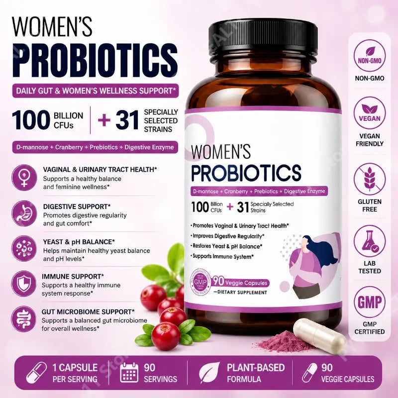 Women's Probiotics 100B CFUs 31 Strains D-Mannose Cranberry 90 Caps Women's Probiotic Supplement Qst