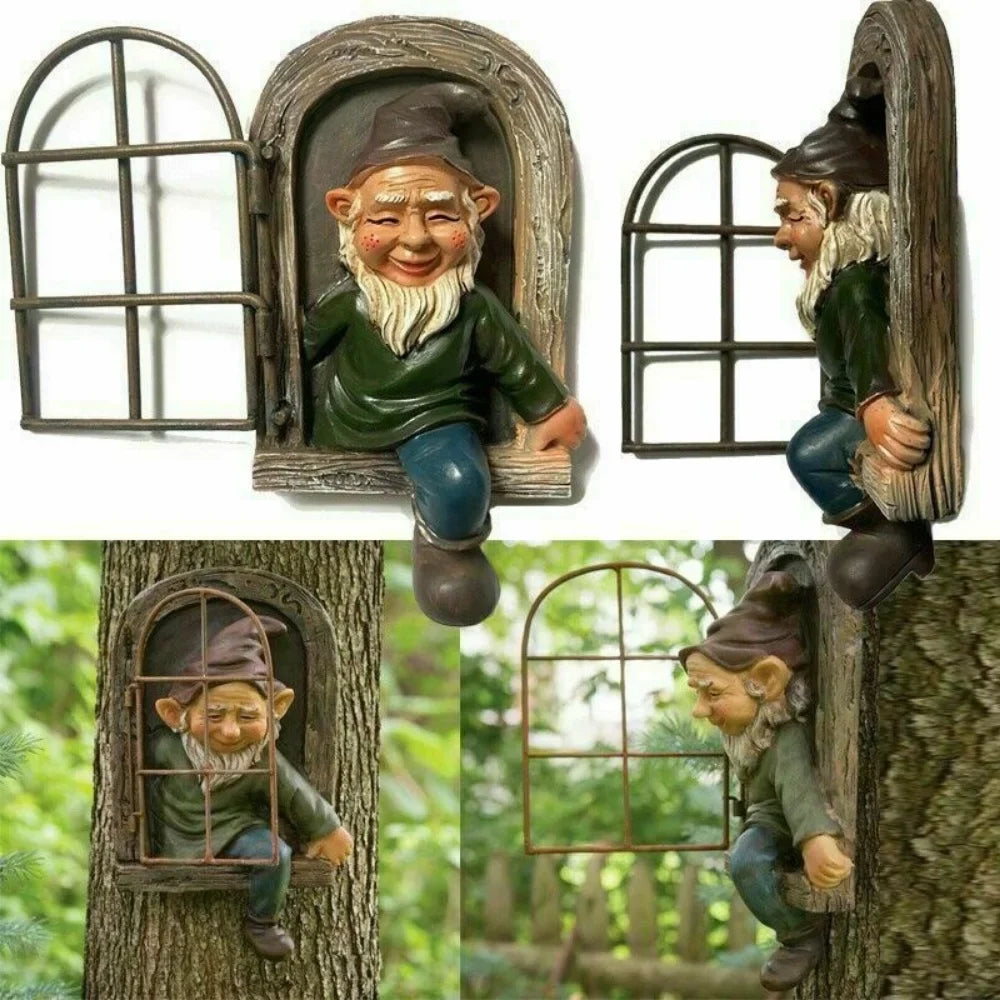 Garden Elf Tree Hug Statue – Resin Outdoor Courtyard Decor Garden Statue Qme