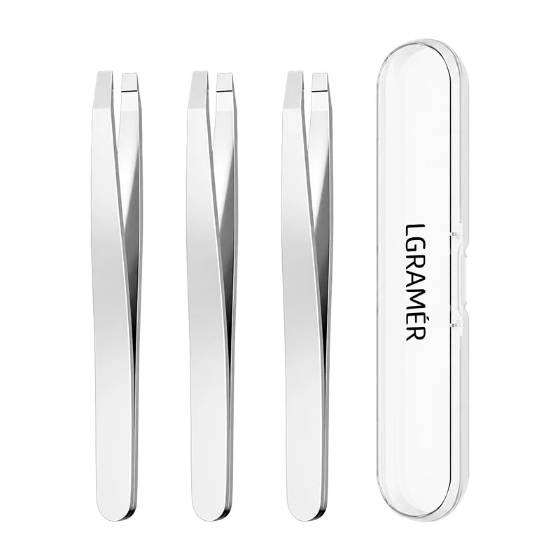 Precision Slant Eyebrow Tweezers with Travel Case – Stainless Steel Eyebrow Tweezers Qst silver-3pcs