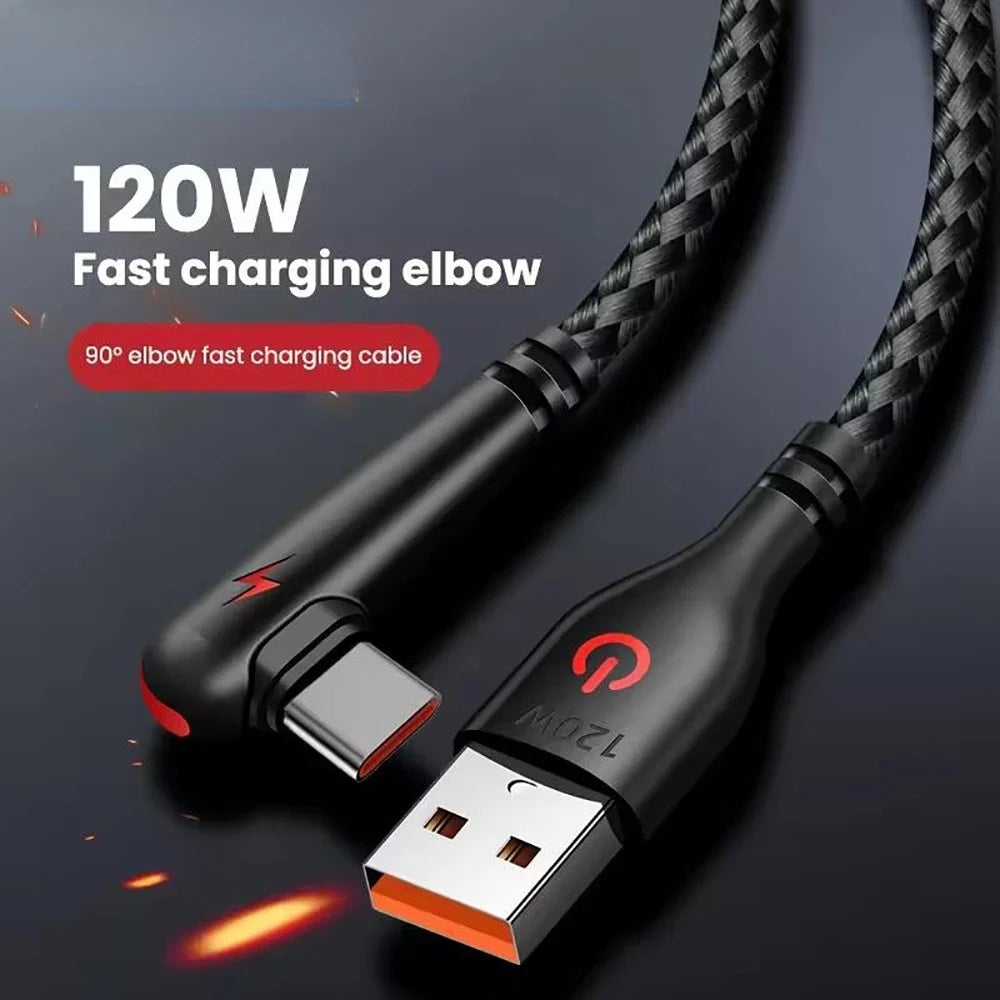 120W USB-C 90° Elbow Fast Charge Nylon Braided Cable USB-C Charging Cable Qme