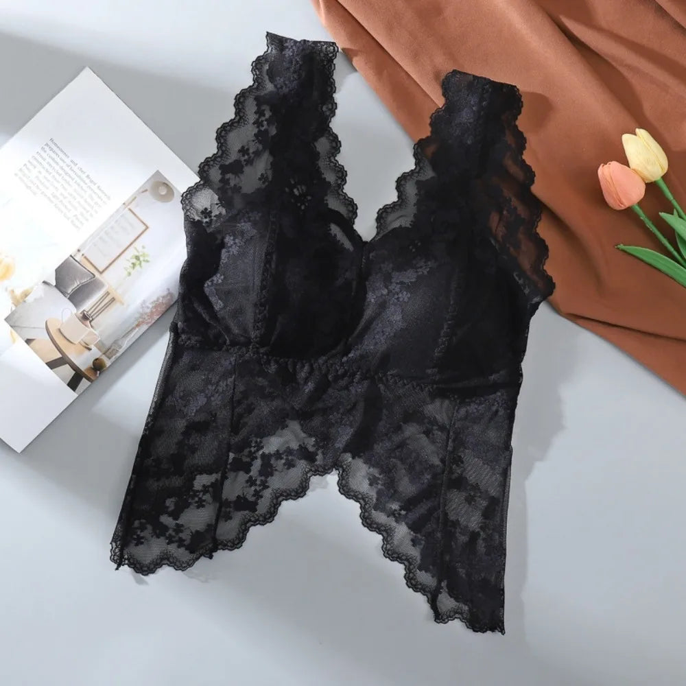 Hollow Lace V-Neck Crop Camisole Tank Top | Black & White Lace Crop Camisole Qme Black M