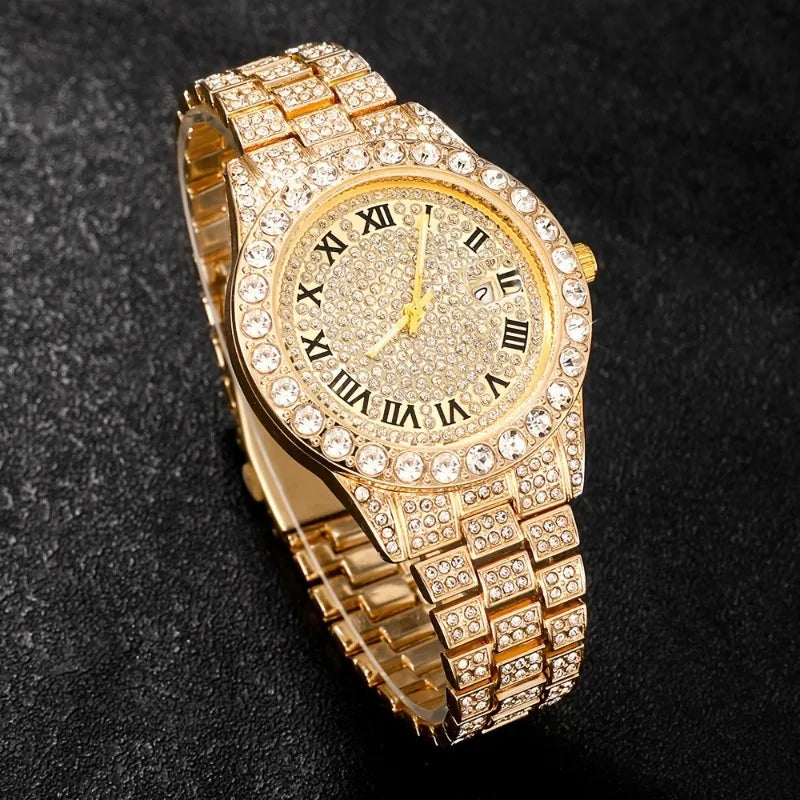 Men's Iced Out Cuban Chain Watch & Bracelet Jewelry Combo Jewelry Combo Set Qme