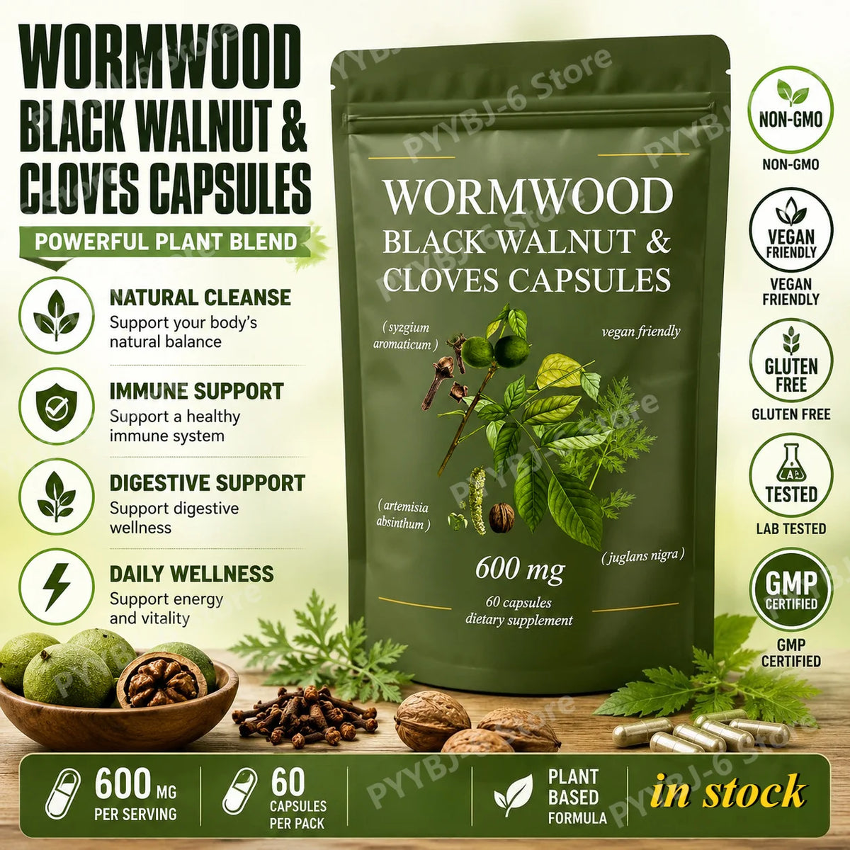 Wormwood Black Walnut Cloves Capsules 600mg | 60 Vegan Caps Herbal Supplement Qst