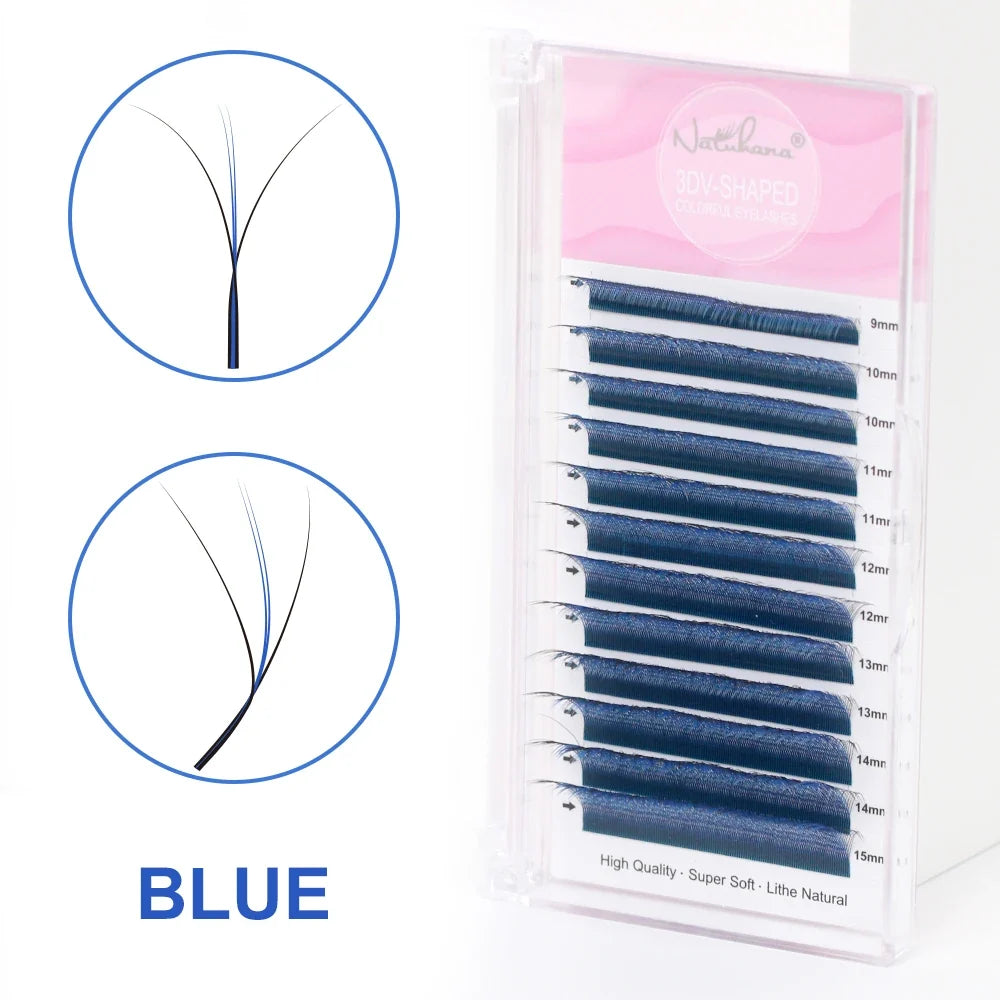 NATUHANA 3D W-Shape Colorful Premade Volume Fan Lashes Premade Volume Lashes Qme Blue C 0.07mm|Mix8-14mm